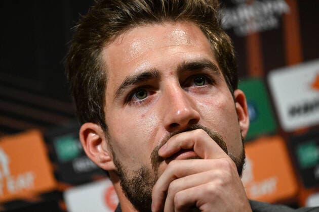 13 04 2022, xjhx, football UEFA Europa League, Eintracht Frankfurt press conference emspor, v l Kevin Trapp Eintracht Frankfurt DFL DFB REGULATES PROHIBIT ANY USE OF PHOTOGRAPHS as IMAGE SEQUENCES and or QUASI VIDEO Barcelona