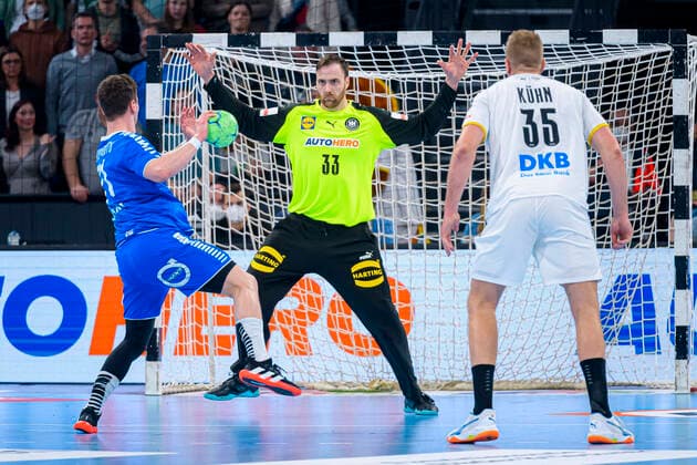 Kiel, Germany 13 April 2022 World Cup playoff first leg Germany vs Faeroeer Islands v li Elias Ellefsen a Skipagotu Faeroeer Islands , goalkeeper Andreas Wolff Germany Kielce Kiel Wunderino Arena Schleswig Holstein Germany