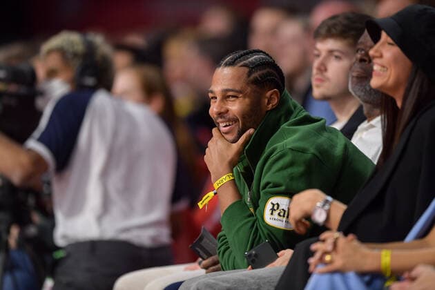 Basketball, BBL, 20220413, FC Bayern Munich Central German Basketball Club In the picture Serge GNABRY FC Bayern Munich, 7 in the audience laughs smiles cheerfully Munich Audi Dome Bavaria Germany Copyright: Passion2Press MarkusxFischerx
