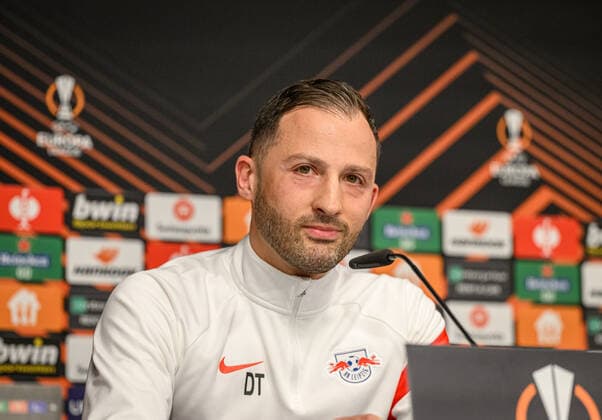 Leipzigs head coach coach Domenico Tedesco answers the questions of journalists press conference Europa League RB Leipzig on 6 April 2022 Red Bull Academy, Leipzig press conference EL RB Leipzig