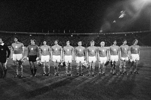 Team of Czechoslovak soccer representation - from the left: Anton Ondrus, Ivo Viktor, Karol Dobias, Jozef Capkovic, Marian Masny, Jozef Moder, Jan Svehlik, Pivarnik, Antonin Panenka, Zdenek Nehoda, Koloman Goegh before final match, UEFA EURO, EM, Europameisterschaft,Fussball 1976, European Football Championship, finale, Czechoslovakia vs West Germany, June 20, 1976, Crvena Zvezda Stadium, Belgrade, Yugoslavia. (CTKxPhoto StanislavxTereba) CTKPhotoF201108240270101 