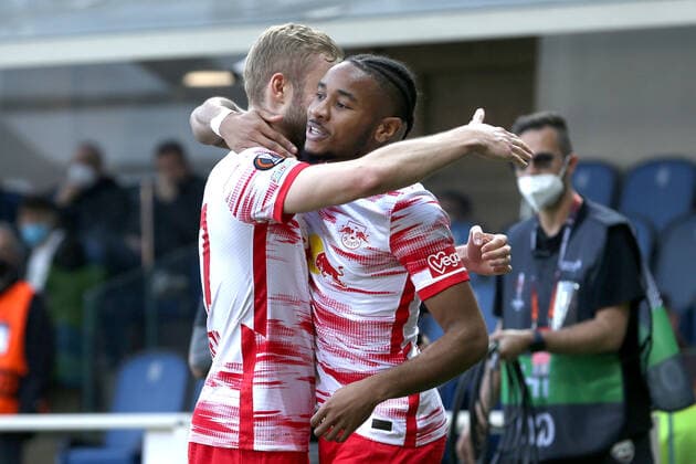 Fußball, EL, Atalanta Bergamo - RB Leipzig Bergamo 14 04 2022 - Europa League Atalanta-RB Lipsia foto Image nella foto: esultanza gol Christopher Nkunku 