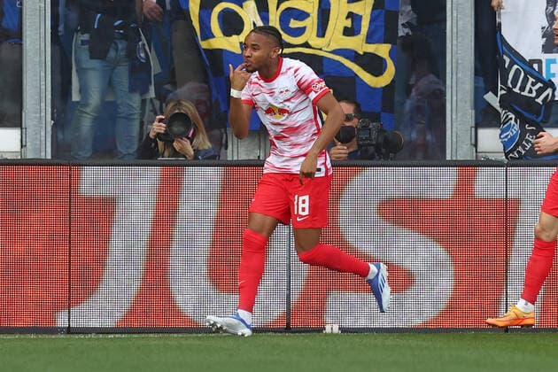 Fußball, EL, Atalanta Bergamo - RB Leipzig April 14, 2022, BERGAMO, Italia: Leipzig s Chrisopher Nkunku celebrates after goal 0-1 during UEFA Europa League round of 8 second leg soccer match between Atalanta BC vs Leipzig at the Bergamo Stadium in Bergamo, Italy, 14 April 2022..ANSA PAOLO MAGNI. Soccer: Europa League; Atalanta BC vs Leipzig  - ZUMAa110 20220414_zaf_a110_021 Copyright: xPaoloxMagnix