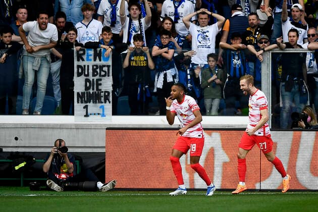 Fußball, EL, Atalanta Bergamo - RB Leipzig Atalanta BC v RB Leipzig - UEFA Europa League Christopher Nkunku of RB Leipzig celebrates after scoring a goal during the UEFA Europa League quarter final second leg football match between Atalanta BC and RB Leipzig. Bergamo Italy Copyright: xNicolòxCampox
