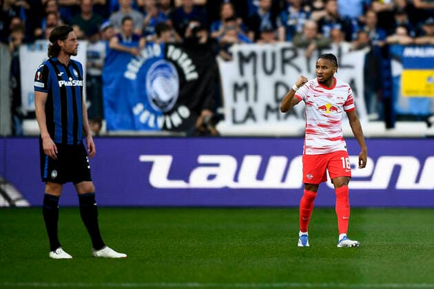 Fußball, EL, Atalanta Bergamo - RB Leipzig Atalanta BC v RB Leipzig - UEFA Europa League Christopher Nkunku of RB Leipzig celebrates after scoring a goal during the UEFA Europa League quarter final second leg football match between Atalanta BC and RB Leipzig. Bergamo Italy Copyright: xNicolòxCampox