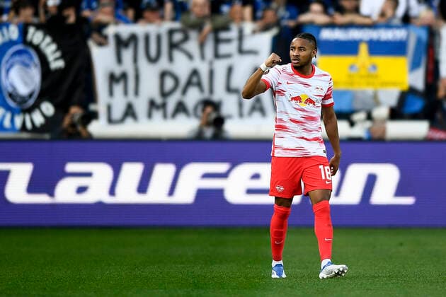 Fußball, EL, Atalanta Bergamo - RB Leipzig Atalanta BC v RB Leipzig - UEFA Europa League Christopher Nkunku of RB Leipzig celebrates after scoring a goal during the UEFA Europa League quarter final second leg football match between Atalanta BC and RB Leipzig. Bergamo Italy Copyright: xNicolòxCampox