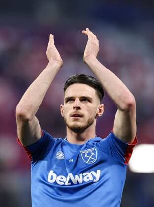 Mandatory Credit: Photo by Simon Dael Shutterstock (12893327s) Declan Rice of West Ham United warms up Olympique Lyonnais v West Ham United, UEFA Europa League, Quarter Final, Second Leg, Football, Groupama Stadium, Lyon, France - 14 Apr 2022 EDITORIAL USE ONLY No use with unauthorised audio, video, data, fixture lists, club league logos or live services. Online in-match use limited to 120 images, no video emulation. No use in betting, games or single club league player publications. Olympique Lyonnais v West Ham United, UEFA Europa League, Quarter Final, Second Leg, Football, Groupama Stadium, Lyon, France - 14 Apr 2022 EDITORIAL USE ONLY No use with unauthorised audio, video, data, fixture lists, club league logos or live services. Online in-match use limited to 120 images, no video emulation. No use in betting, games or single club league player publications. Copyright: xSimonxDael Shutterstockx 12893327s