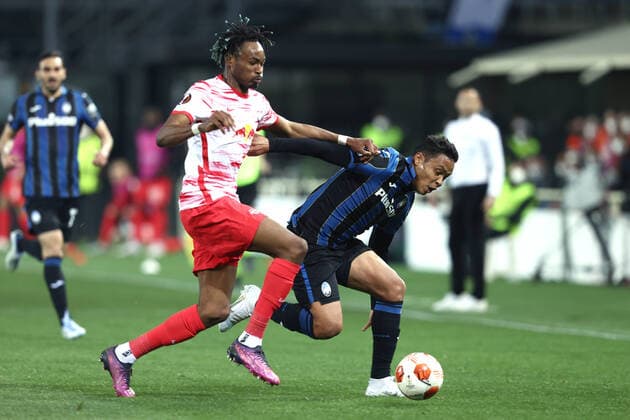 Fußball, EL, Atalanta Bergamo - RB Leipzig Bergamo 14 04 2022 - Europa League Atalanta-RB Lipsia foto Image nella foto: Luis Muriel-Mohamed Simakan 