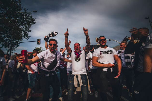 April 14, 2022, Barcelona, Catalonia, Spain: Fans of Eintracht Frankfurt shout slogans as they march to BarcelonaÃ¢â‚¬â ¢s Camp Nou Stadium for their Europa League Quartel Final 2nd leg against the FC Barcelona, Barca Barcelona Spain - ZUMAo105 20220414_zap_o105_006 Copyright: xMatthiasxOesterlex