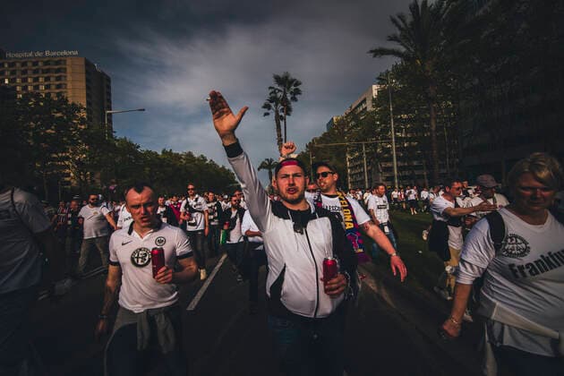 April 14, 2022, Barcelona, Catalonia, Spain: Fans of Eintracht Frankfurt shout slogans as they march to BarcelonaÃ¢â‚¬â ¢s Camp Nou Stadium for their Europa League Quartel Final 2nd leg against the FC Barcelona, Barca Barcelona Spain - ZUMAo105 20220414_zap_o105_009 Copyright: xMatthiasxOesterlex