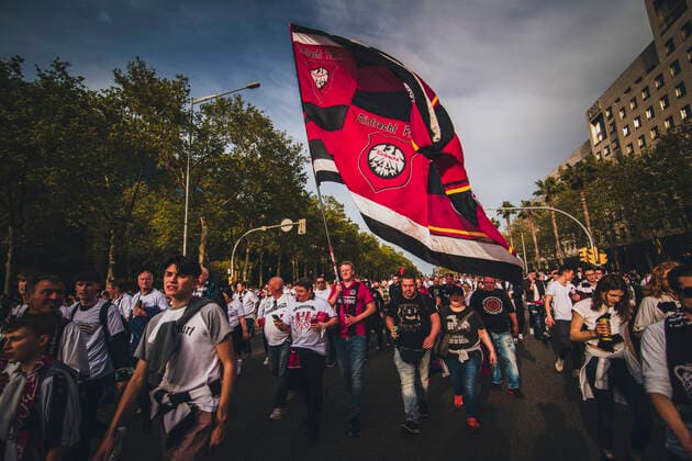 April 14, 2022, Barcelona, Catalonia, Spain: Fans of Eintracht Frankfurt shout slogans as they march to BarcelonaÃ¢â‚¬â ¢s Camp Nou Stadium for their Europa League Quartel Final 2nd leg against the FC Barcelona, Barca Barcelona Spain - ZUMAo105 20220414_zap_o105_016 Copyright: xMatthiasxOesterlex