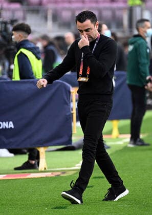 14 04 2022, xjhx, football UEFA Europa League, FC Barcelona Eintracht Frankfurt emspor, v l Xavi Xavier Hernandez Creus coach Head Coach FC Barcelona DFL DFB REGULATIONS PROHIBIT ANY USE OF PHOTOGRAPHS as IMAGE SEQUENCES and or QUASI VIDEO Barcelona