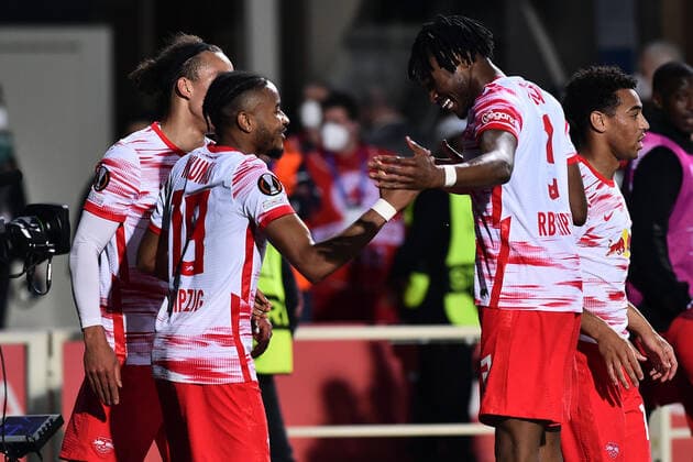 April 14, 2022, BERGAMO, Italia: Leipzig s Chrisopher Nkunku celebrates after goal 0-2 during the UEFA Europa League quarter final, second leg soccer match between Atalanta BC and RB Leipzig at the Bergamo Stadium in Bergamo, Italy, 14 April 2022..ANSA PAOLO MAGNI Soccer: Europa League; Atalanta-Leipzig  - ZUMAa110 20220414_zaf_a110_049 Copyright: xPaoloxMagnix