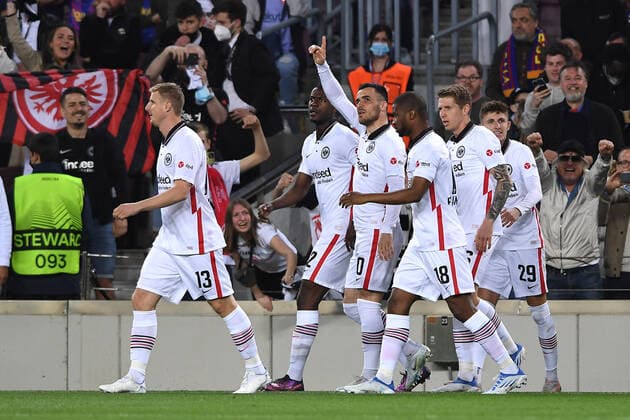 Soccer Europa League quarterfinals FC Barcelona Eintracht Frankfurt on 14 04 2022 at Camp Nou in Barcelona goal cheer goal to 0 1 by Filip Kostic Frankfurt xHDx