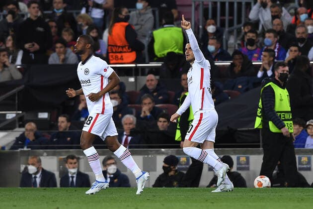 Soccer Europa League quarterfinals FC Barcelona Eintracht Frankfurt on 14 04 2022 at Camp Nou in Barcelona goal cheer goal to 0 1 by Filip Kostic Frankfurt xHDx