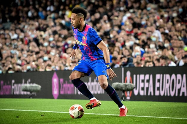 Barcelona, Camp Nou, 11 04 22, ESP, Men, UEFA Europa League, Season 2021 2022, FC Barcelona Eintracht Frankfurt Picture Pierre Emerick Aubameyang Barcelona Only for journalistic use Only for editorial use According to UEFA regulations it is forbidden to use or have used photographs taken in the stadium and or from the game in the form of sequence images and or video-like photo series UEFA regulations prohibit any use of photographs as image sequences and or quasi video Catalonia Spain