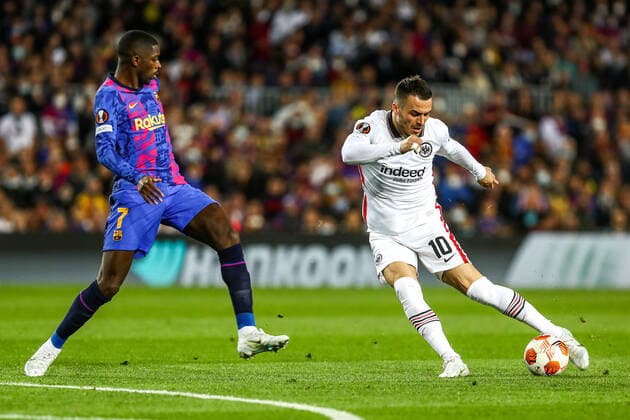 Filip Kostic Eintracht Frankfurt, 10 in duel against Ousmane Dembele FC Barcelona, 7 , ESP, FC Barcelona vs Eintracht Frankfurt, Europa League quarterfinals, season 2021 2022, 14 04 2022, DFB DFL regulations prohibit any use of photographs as image sequences and or quasi video , ESP, FC Barcelona vs Eintracht Frankfurt, Europa League quarterfinals, season 2021 2022, 14 04 2022 Barcelona Copyright: xEibner-Pressefoto BoiaxGabrielx EP_EEP