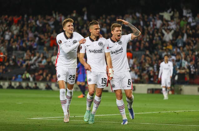 14 04 2022, Football UEFA Europa League, FC Barcelona Eintracht Frankfurt, emonline, emspor, v l , Goal celebration to 0 2 by Rafael Borre Eintracht Frankfurt , Jesper Lindström Eintracht Frankfurt , Kristijan Jakic Eintracht Frankfurt , Goal celebration, celebrate the goal DFL DFB REGULATIONS PROHIBIT ANY USE OF PHOTOGRAPHS AS IMAGE SEQUENCES AND OR QUASI VIDEO xdcx Copyright: HMBxMedia