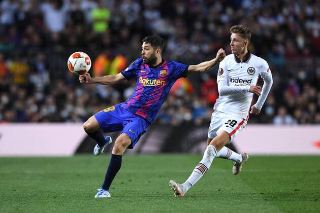 Soccer Europa League quarterfinals FC Barcelona Eintracht Frankfurt on 14 04 2022 at Camp Nou in Barcelona Ferran Torres Barcelona , left Jesper Lindström Frankfurt , right xHDx