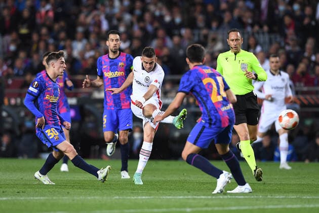Soccer Europa League quarterfinals FC Barcelona Eintracht Frankfurt on 14 04 2022 at Camp Nou in Barcelona Goal to 0 2 by Rafael Borre Frankfurt xHDx