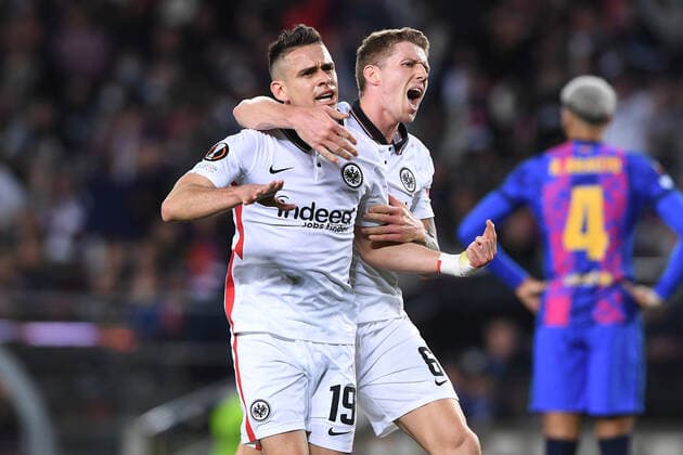 Soccer Europa League quarterfinals FC Barcelona Eintracht Frankfurt on 14 04 2022 at Camp Nou in Barcelona goal cheer goal to 0 2 by Rafael Borre Frankfurt xHDx