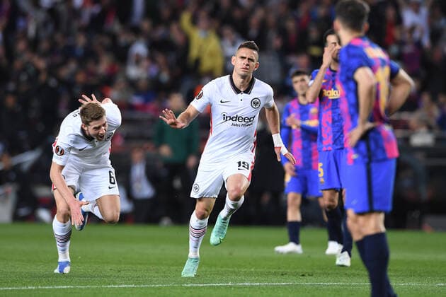 Soccer Europa League quarterfinals FC Barcelona Eintracht Frankfurt on 14 04 2022 at Camp Nou in Barcelona goal cheer goal to 0 2 by Rafael Borre Frankfurt xHDx