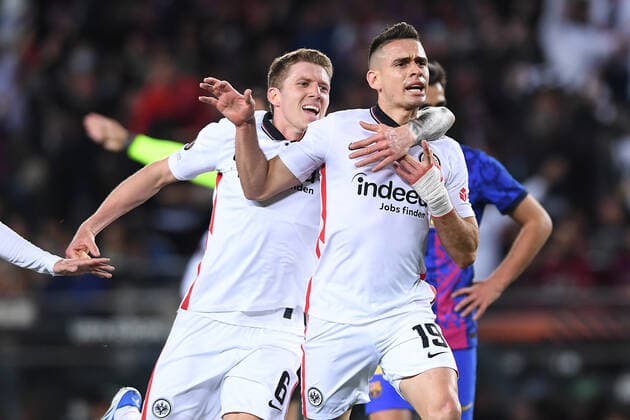 Soccer Europa League quarterfinals FC Barcelona Eintracht Frankfurt on 14 04 2022 at Camp Nou in Barcelona goal cheer goal to 0 2 by Rafael Borre Frankfurt xHDx