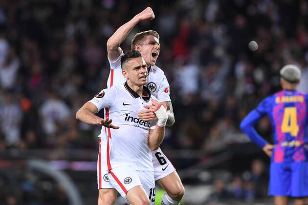 Soccer Europa League quarterfinals FC Barcelona Eintracht Frankfurt on 14 04 2022 at Camp Nou in Barcelona goal cheer goal to 0 2 by Rafael Borre Frankfurt xHDx