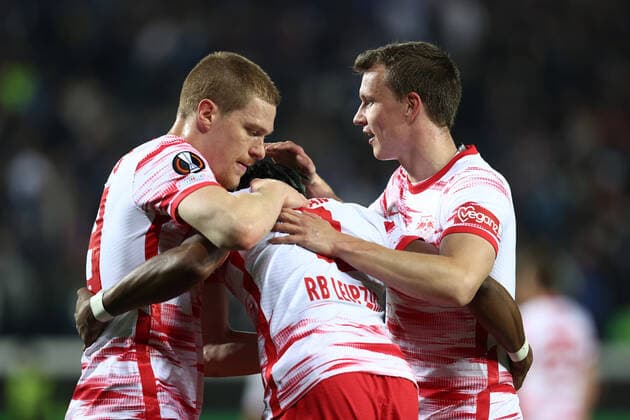 RB Leipzig players celebrate victory during Atalanta BC vs RB Lipsia, football Europa League match in Bergamo, Italy, April 14 2022  Copyright: xFrancescoxScaccianocex xipa-agenx xx 0