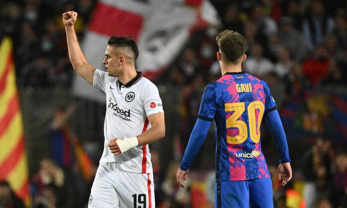 14 04 2022, xjhx, football UEFA Europa League, FC Barcelona Eintracht Frankfurt emspor, v l goal celebration after celebrating the goal celebrate 0 2 by Rafael Borre, Rafael Santos Borre Maury Eintracht Frankfurt DFL DFB REGULATIONS PROHIBIT ANY USE OF PHOTOGRAPHS AS IMAGE SEQUENCES AND OR QUASI VIDEO Barcelona