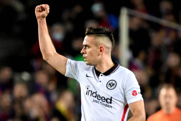 Barcelona, Camp Nou, 11 04 22, ESP, Men, UEFA Europa League, 2021 2022 season, FC Barcelona Eintracht Frankfurt picture Rafael Santos Borre Frankfurt celebrates his goal to make it 2 0 Only for journalistic use Only for editorial use According to UEFA regulations, it is prohibited to exploit or have exploited photographs taken in the stadium and or from the match in the form of sequence images and or video-like photo series UEFA regulations prohibit any use of photographs as image sequences and or quasi video Catalonia Spain