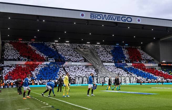 Mandatory Credit: Photo by Luke Nickerson Rangers FC Shutterstock (12894538al) Rangers fan display as the players walkout Rangers v Braga, UEFA Europa League, Quarter Final, Second Leg, Football, Ibrox Stadium, Glasgow, UK - 14 Apr 2022 Rangers v Braga, UEFA Europa League, Quarter Final, Second Leg, Football, Ibrox Stadium, Glasgow, UK - 14 Apr 2022  Copyright: xLukexNickerson RangersxFC Shutterstockx 12894538al