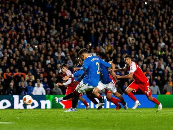 Mandatory Credit: Photo by Luke Nickerson Rangers FC Shutterstock (12894538at) Rangers Defender James Tavernier scores his sides second goal Rangers v Braga, UEFA Europa League, Quarter Final, Second Leg, Football, Ibrox Stadium, Glasgow, UK - 14 Apr 2022 Rangers v Braga, UEFA Europa League, Quarter Final, Second Leg, Football, Ibrox Stadium, Glasgow, UK - 14 Apr 2022  Copyright: xLukexNickerson RangersxFC Shutterstockx 12894538at