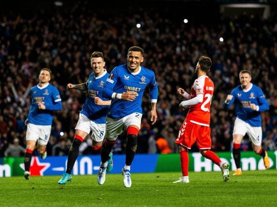Mandatory Credit: Photo by Luke Nickerson Rangers FC Shutterstock (12894538aw) Rangers Defender James Tavernier celebrates scoring his sides second goal Rangers v Braga, UEFA Europa League, Quarter Final, Second Leg, Football, Ibrox Stadium, Glasgow, UK - 14 Apr 2022 Rangers v Braga, UEFA Europa League, Quarter Final, Second Leg, Football, Ibrox Stadium, Glasgow, UK - 14 Apr 2022  Copyright: xLukexNickerson RangersxFC Shutterstockx 12894538aw