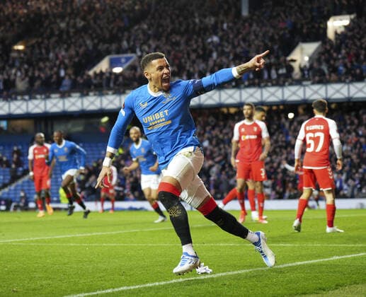 Mandatory Credit: Photo by Stuart Wallace Shutterstock (12893325ah) Rangers Captain James Tavernier celebrates scoring give Rangers a 1-0 lead (agg. 1-1). Rangers v Braga, UEFA Europa League, Quarter Final, Second Leg, Football, Ibrox Stadium, Glasgow, UK - 14 Apr 2022 EDITORIAL USE ONLY No use with unauthorised audio, video, data, fixture lists, club league logos or live services. Online in-match use limited to 120 images, no video emulation. No use in betting, games or single club league player publications. Rangers v Braga, UEFA Europa League, Quarter Final, Second Leg, Football, Ibrox Stadium, Glasgow, UK - 14 Apr 2022 EDITORIAL USE ONLY No use with unauthorised audio, video, data, fixture lists, club league logos or live services. Online in-match use limited to 120 images, no video emulation. No use in betting, games or single club league player publications.  Copyright: xStuartxWallace Shutterstockx 12893325ah