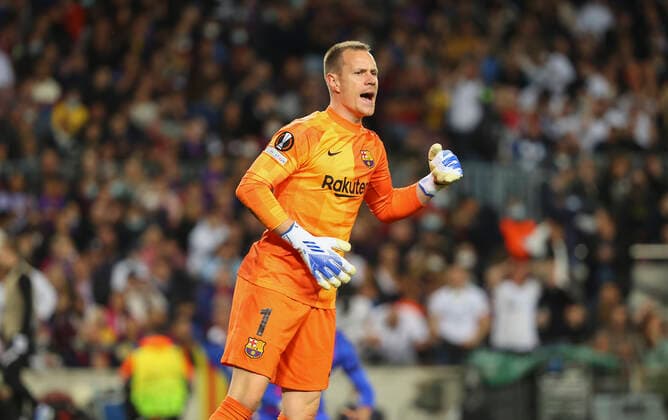 14 04 2022, football UEFA Europa League, FC Barcelona Eintracht Frankfurt, emonline, emspor, v l , goalkeeper Marc Andre ter Stegen FC Barcelona DFL DFB REGULATES PROHIBIT ANY USE OF PHOTOGRAPHS AS IMAGE SEQUENCES AND OR QUASI VIDEO xdcx Copyright: HMBxMedia
