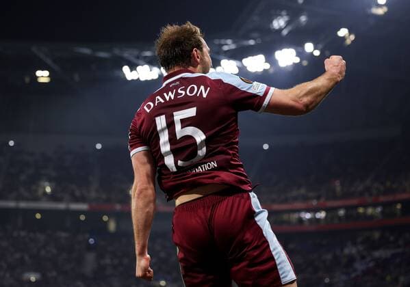 Mandatory Credit: Photo by Simon Dael Shutterstock (12893327bw) Craig Dawson of West Ham United scores and celebrates 0-1 Olympique Lyonnais v West Ham United, UEFA Europa League, Quarter Final, Second Leg, Football, Groupama Stadium, Lyon, France - 14 Apr 2022 EDITORIAL USE ONLY No use with unauthorised audio, video, data, fixture lists, club league logos or live services. Online in-match use limited to 120 images, no video emulation. No use in betting, games or single club league player publications. Olympique Lyonnais v West Ham United, UEFA Europa League, Quarter Final, Second Leg, Football, Groupama Stadium, Lyon, France - 14 Apr 2022 EDITORIAL USE ONLY No use with unauthorised audio, video, data, fixture lists, club league logos or live services. Online in-match use limited to 120 images, no video emulation. No use in betting, games or single club league player publications. Copyright: xSimonxDael Shutterstockx 12893327bw