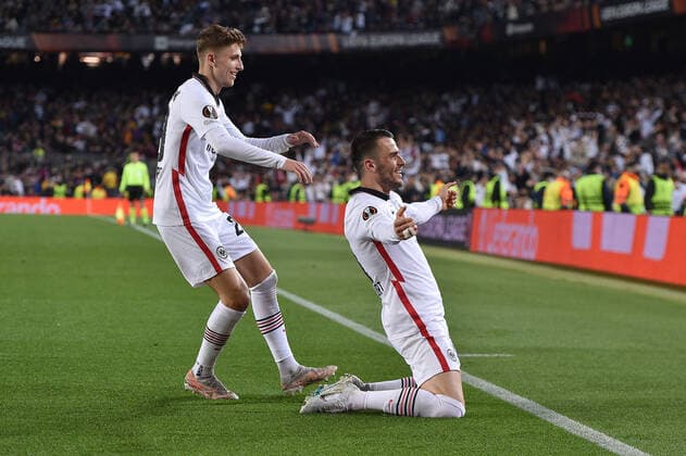 Soccer Europa League quarterfinals FC Barcelona Eintracht Frankfurt on 14 04 2022 at Camp Nou in Barcelona goal cheer goal to 0 3 by Filip Kostic Frankfurt xHDx