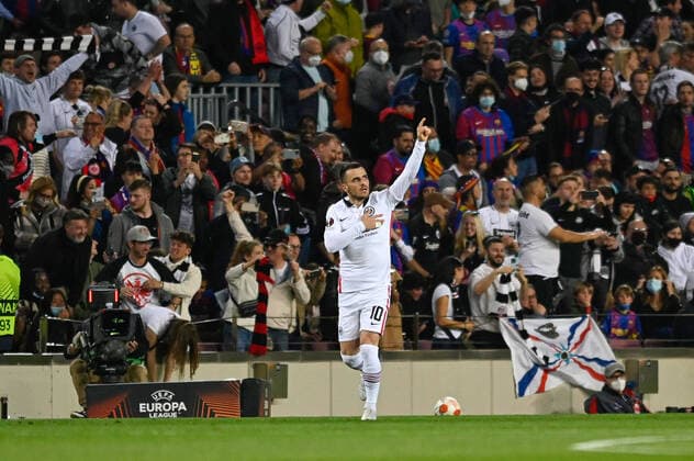 April 14, 2022, Barcelona, Spain: Filip Kostic of Eintracht Frankfurt celebrate a goal during the UEFA Europa League Quarter Final Leg Two match between FC Barcelona, Barca and Eintracht Frankfurt at Camp Nou in Barcelona Barcelona Spain - ZUMAd159 20220414_zia_d159_029 Copyright: xGerardxFrancox