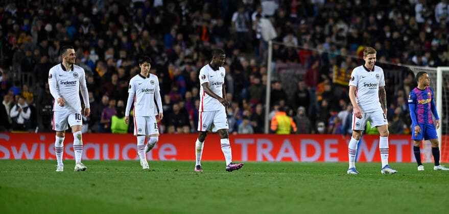 14th April 2022 Camp Nou Barcelona Spain UEFA Europa League Quarter Final FC Barcelona vs Eintracht Frankfurt frankfurt players happy so beat barcelona 0 3 in quarter finals Barcelona Barcelona Barcelona Spain Futbol Copyright: xGerardxFrancox xAgenciaxLOFx