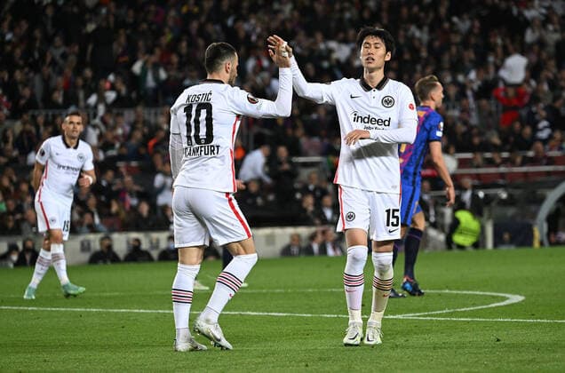 14 04 2022, xjhx, football UEFA Europa League, FC Barcelona Eintracht Frankfurt emspor, v l goal celebration after celebrating the goal celebrate 0 3 by Filip Kostic Eintracht Frankfurt DFL DFB REGULATIONS PROHIBIT ANY USE OF PHOTOGRAPHS as IMAGE SEQUENCES and or QUASI VIDEO Barcelona