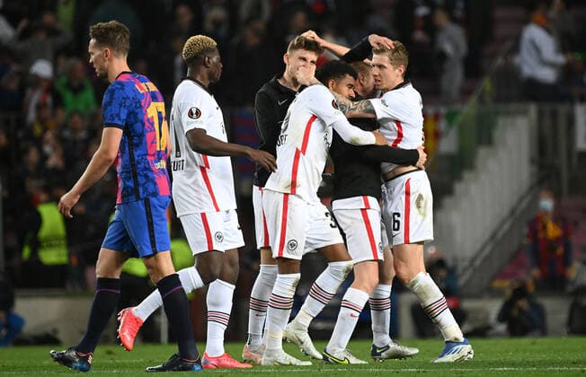 14 04 2022, xjhx, football UEFA Europa League, FC Barcelona Eintracht Frankfurt emspor, v l jubilation joy of victory DFL DFB REGULATIONS PROHIBIT ANY USE OF PHOTOGRAPHS as IMAGE SEQUENCES and or QUASI VIDEO Barcelona