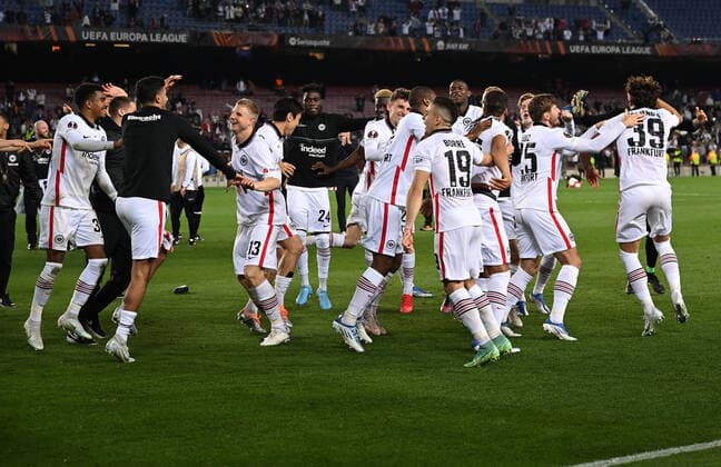 14 04 2022, xjhx, football UEFA Europa League, FC Barcelona Eintracht Frankfurt emspor, v l jubilation joy of victory DFL DFB REGULATIONS PROHIBIT ANY USE OF PHOTOGRAPHS as IMAGE SEQUENCES and or QUASI VIDEO Barcelona