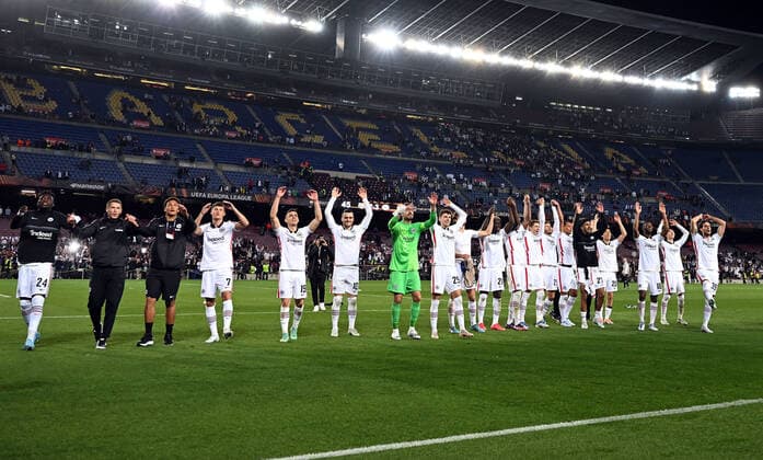 14 04 2022, xjhx, football UEFA Europa League, FC Barcelona Eintracht Frankfurt emspor, v l jubilation joy of victory DFL DFB REGULATIONS PROHIBIT ANY USE OF PHOTOGRAPHS as IMAGE SEQUENCES and or QUASI VIDEO Barcelona