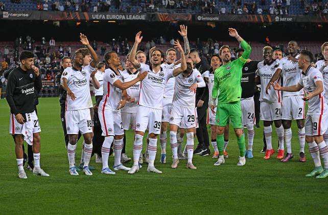 14 04 2022, xjhx, football UEFA Europa League, FC Barcelona Eintracht Frankfurt emspor, v l jubilation joy of victory DFL DFB REGULATIONS PROHIBIT ANY USE OF PHOTOGRAPHS as IMAGE SEQUENCES and or QUASI VIDEO Barcelona