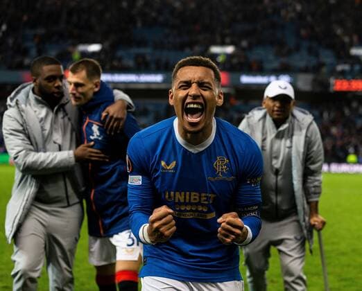 Mandatory Credit: Photo by Luke Nickerson Rangers FC Shutterstock (12894538ce) Rangers Defender James Tavernier celebrates at the end of the match Rangers v Braga, UEFA Europa League, Quarter Final, Second Leg, Football, Ibrox Stadium, Glasgow, UK - 14 Apr 2022 Rangers v Braga, UEFA Europa League, Quarter Final, Second Leg, Football, Ibrox Stadium, Glasgow, UK - 14 Apr 2022  Copyright: xLukexNickerson RangersxFC Shutterstockx 12894538ce