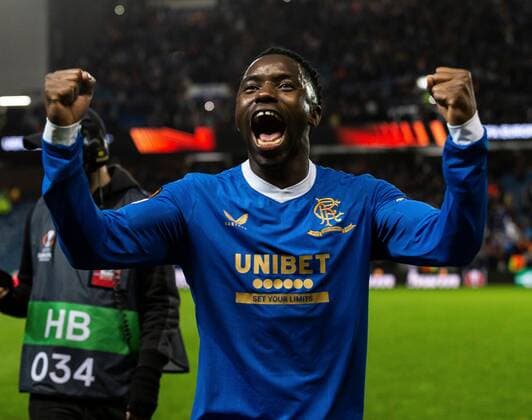 Mandatory Credit: Photo by Luke Nickerson Rangers FC Shutterstock (12894538bx) Rangers Forward Fashion Sakala Junior celebrates at the end of the match Rangers v Braga, UEFA Europa League, Quarter Final, Second Leg, Football, Ibrox Stadium, Glasgow, UK - 14 Apr 2022 Rangers v Braga, UEFA Europa League, Quarter Final, Second Leg, Football, Ibrox Stadium, Glasgow, UK - 14 Apr 2022  Copyright: xLukexNickerson RangersxFC Shutterstockx 12894538bx