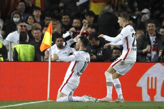 Barcelona, Spain, March 10th 2021: Filip Kostic (10 Eintracht Francfort) celebration goal during, UEFA Europa League match between Barcelona and Eintracht at Camp Nou stadium in Barcelona, Spain. Rafa Huerta SPP Barcelona v Eintracht - UEFA Europa League - Camp Nou Stadium 