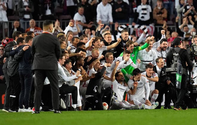 14 04 2022, xslx, football UEFA Europa League, FC Barcelona Eintracht Frankfurt emspor, v l jubilation joy of victory DFL DFB REGULATIONS PROHIBIT ANY USE OF PHOTOGRAPHS as IMAGE SEQUENCES and or QUASI VIDEO Barcelona
