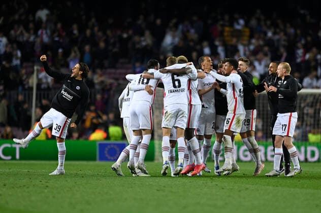14th April 2022; Camp Nou; Barcelona; Spain; UEFA Europa League; Quarter Final; FC Barcelona, Barca vs Eintracht Frankfurt; players of Frankfurt celebrating the victory in Camp Nou  ActionPlus12379323 AgenciaLOF